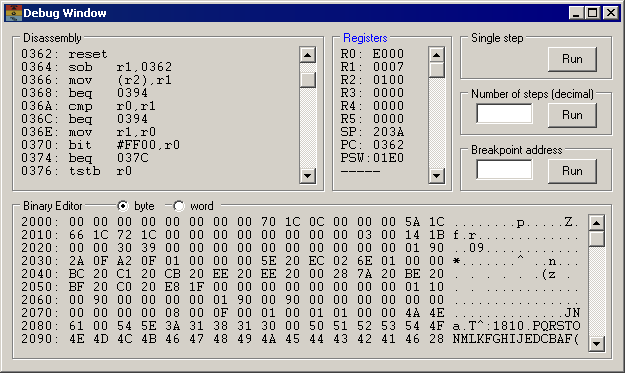 The debug window of the MK-87 emulator